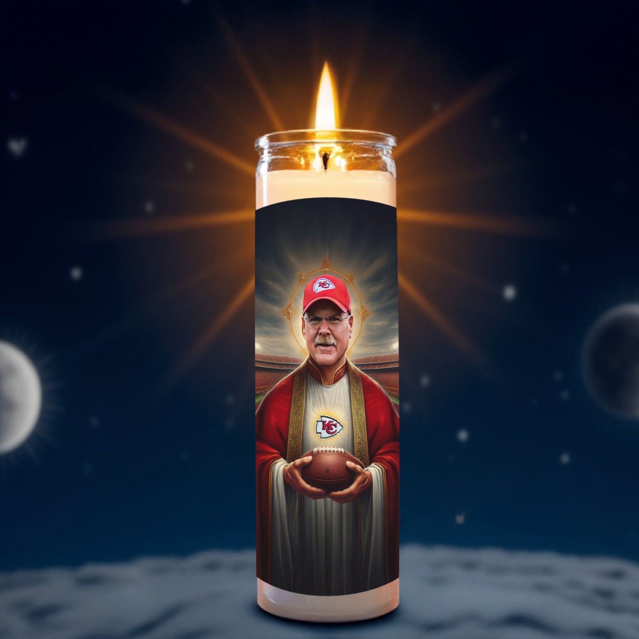 Andy Reid prayer candle, designed by Pray To The Stars