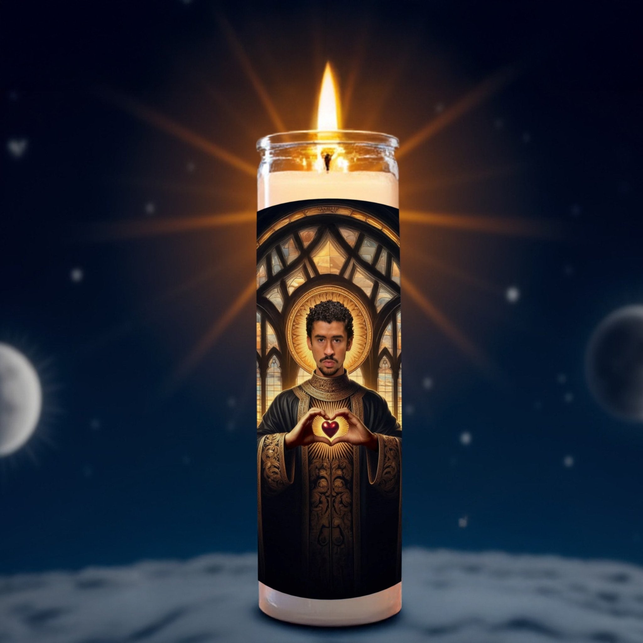 Bad Bunny prayer candle, designed by Pray To The Stars