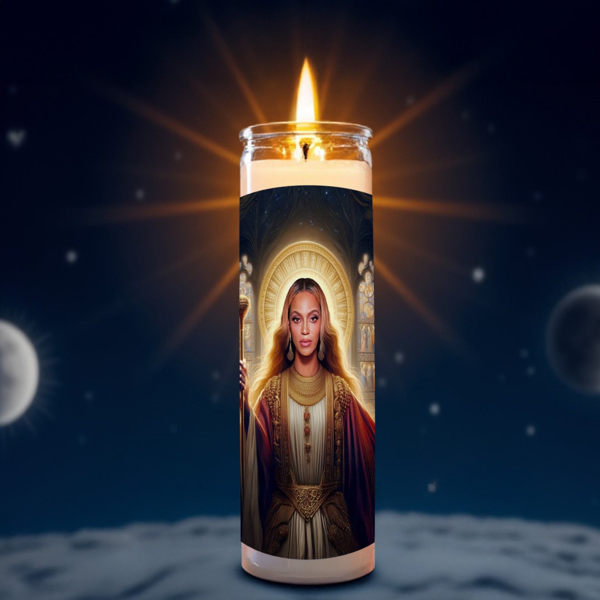 Beyonce prayer candle, designed by Pray To The Stars