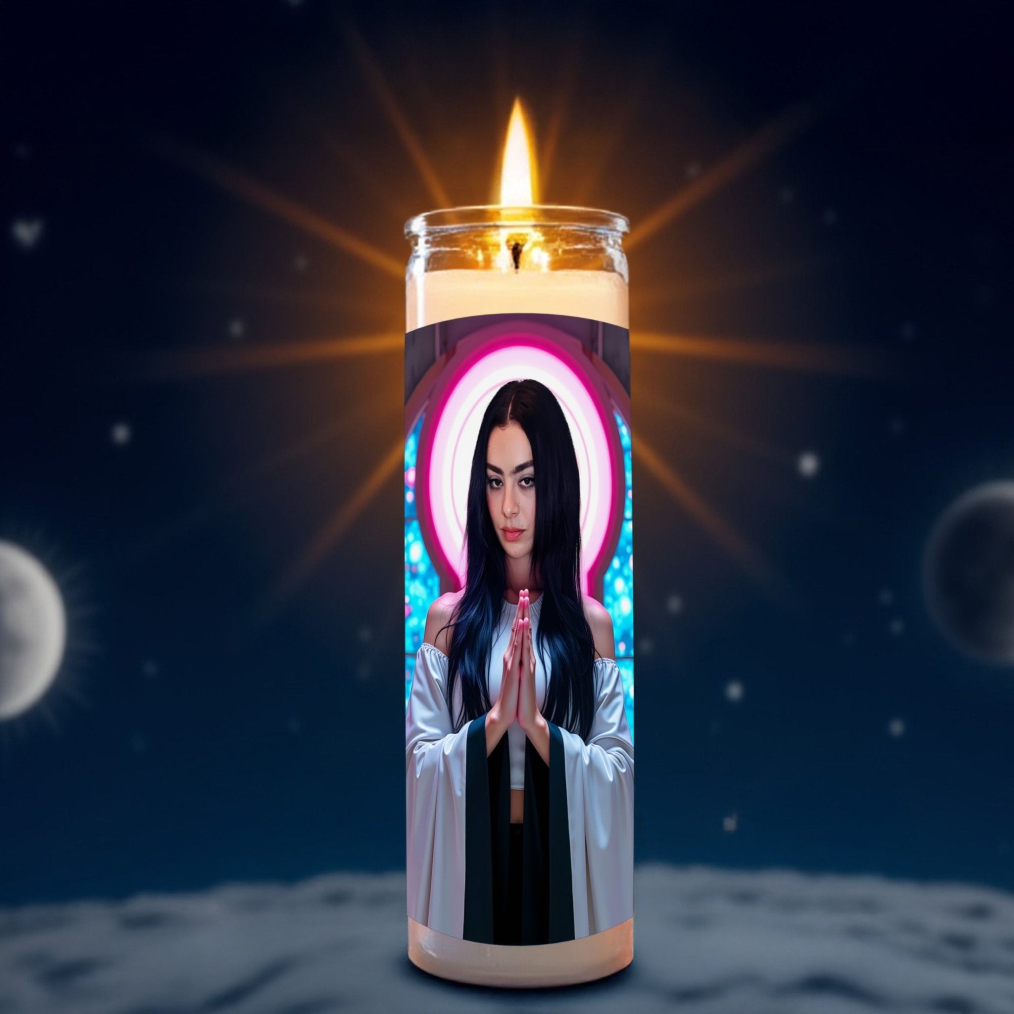 Charli XCX prayer candle, designed by Pray To The Stars