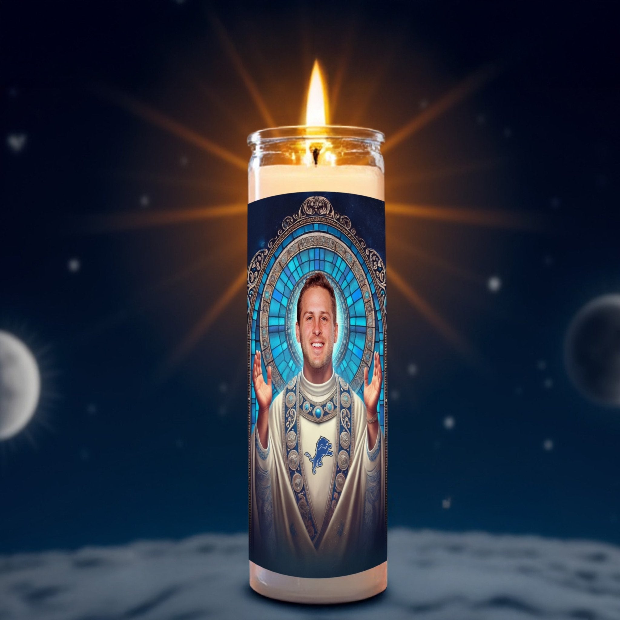 Jared Goff prayer candle, designed by Pray To The Stars