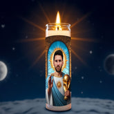 Messi prayer candle, designed by Pray To The Stars