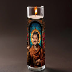 Pedro Pascal prayer candle, designed by Pray To The Stars