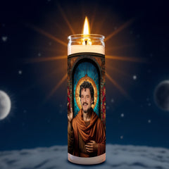 Pedro Pascal prayer candle, designed by Pray To The Stars
