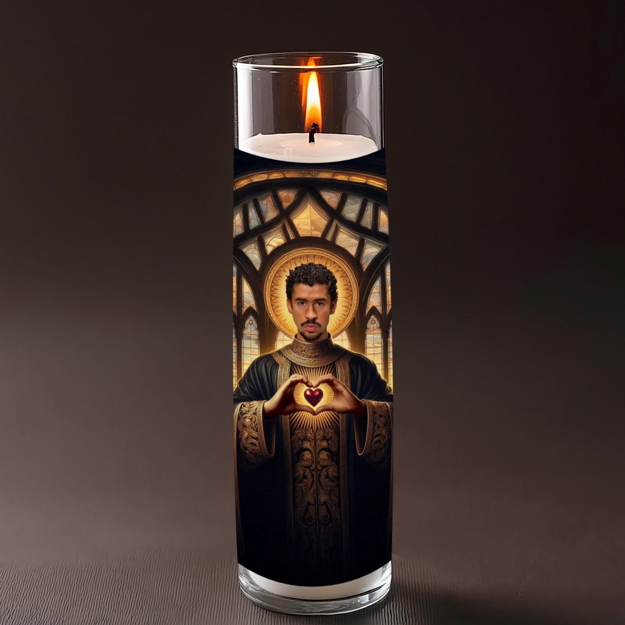 Bad Bunny prayer candle, designed by Pray To The Stars