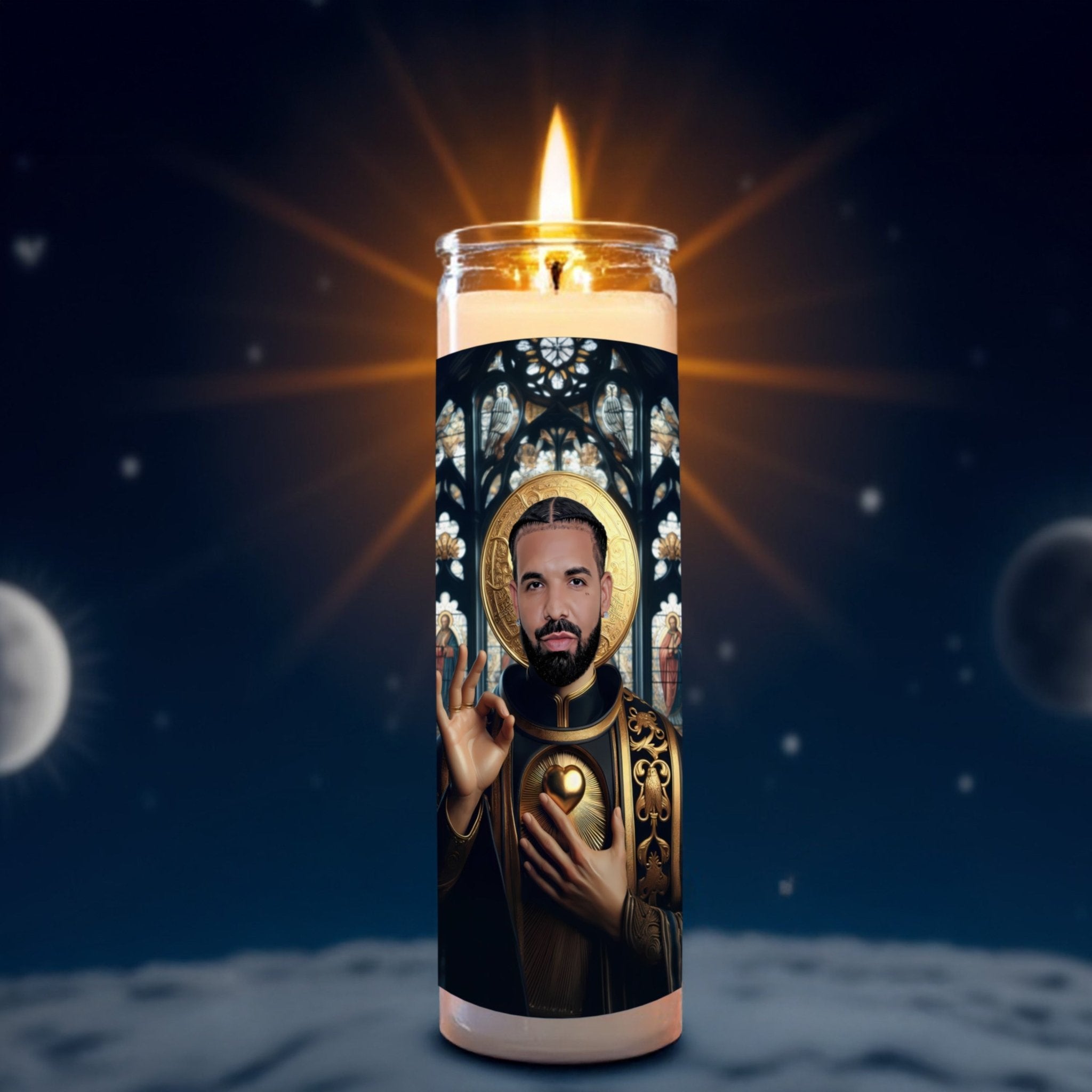Drake prayer candle, designed by Pray To The Stars