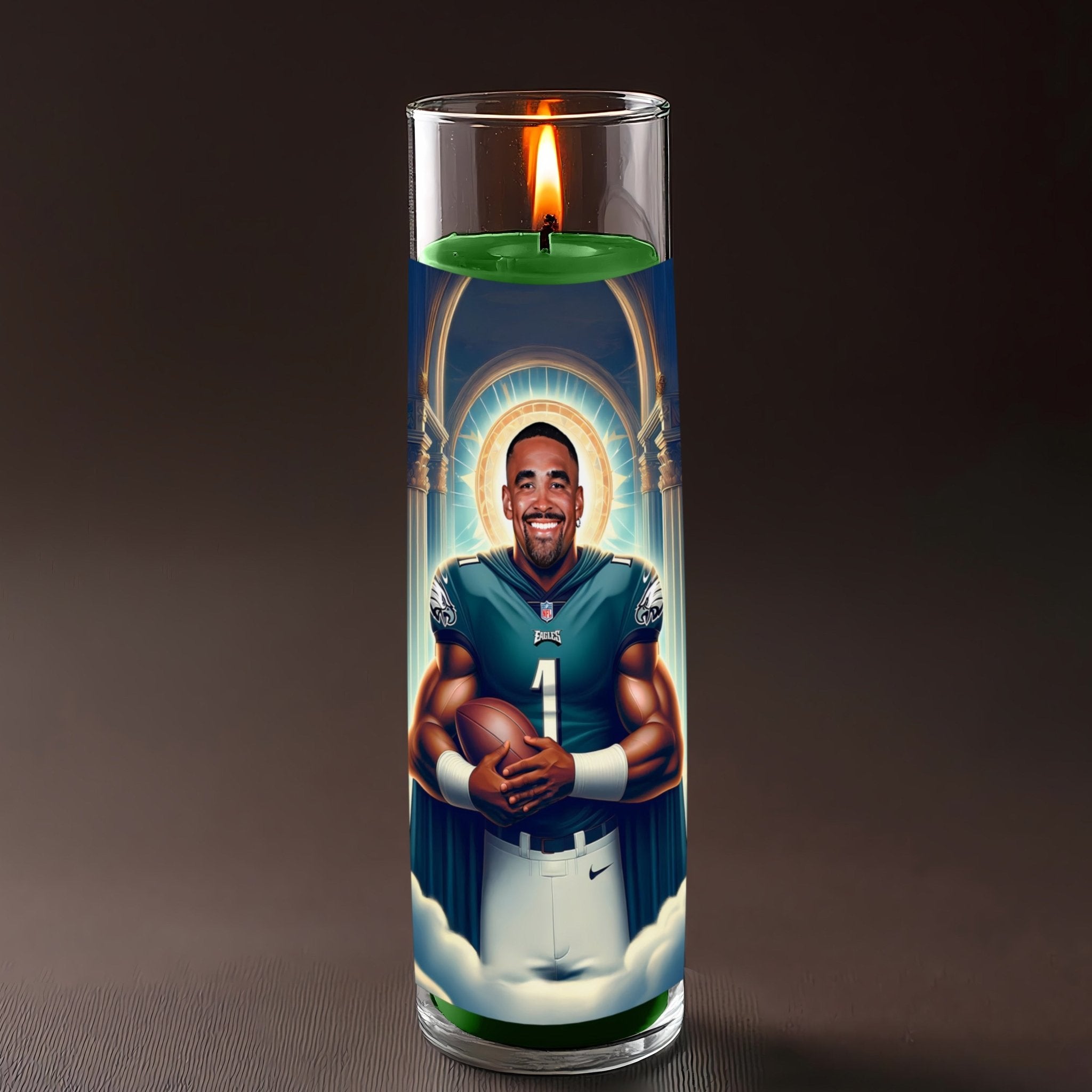 Jalen Hurts prayer candle, designed by Pray To The Stars