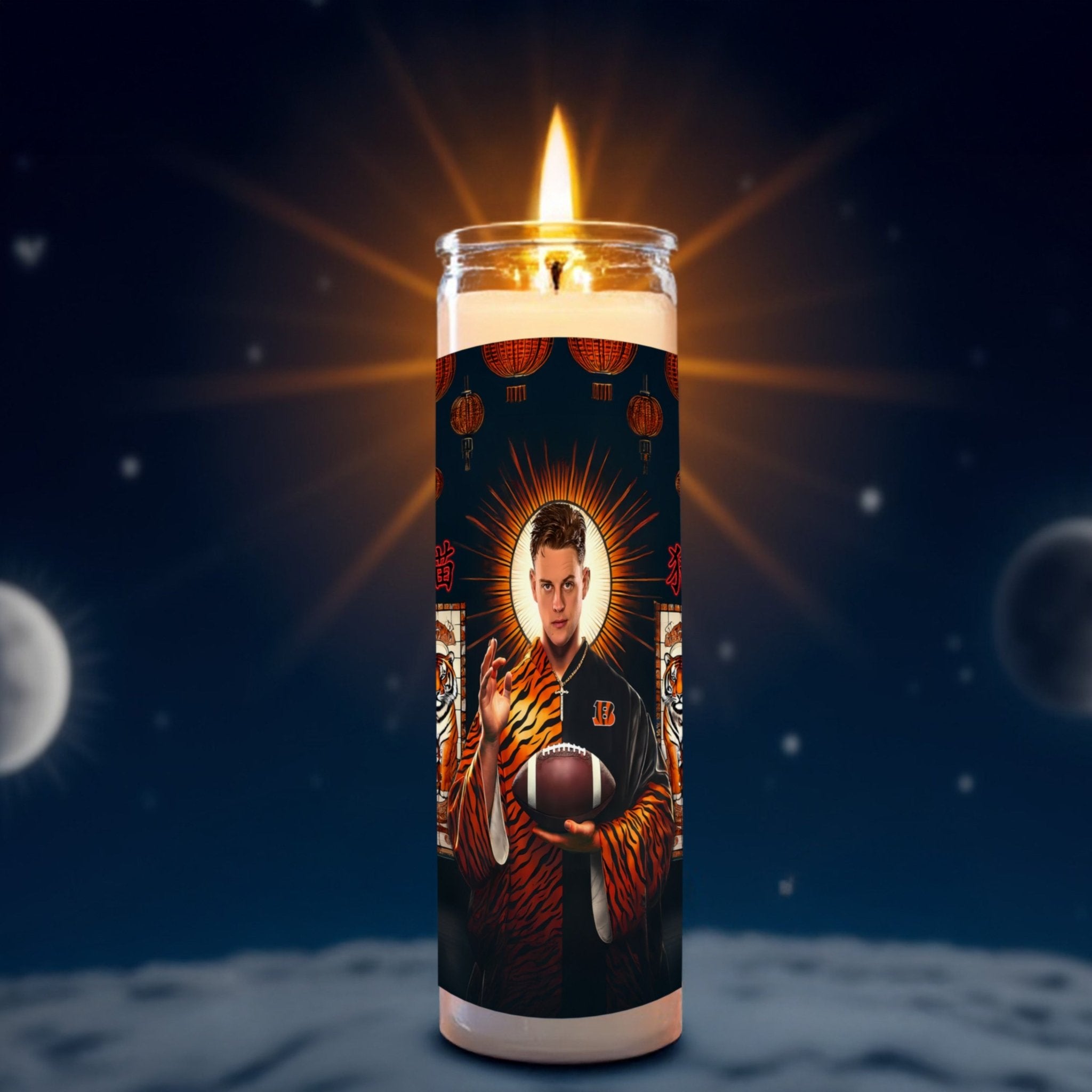 Joe Burrow prayer candle, designed by Pray To The Stars