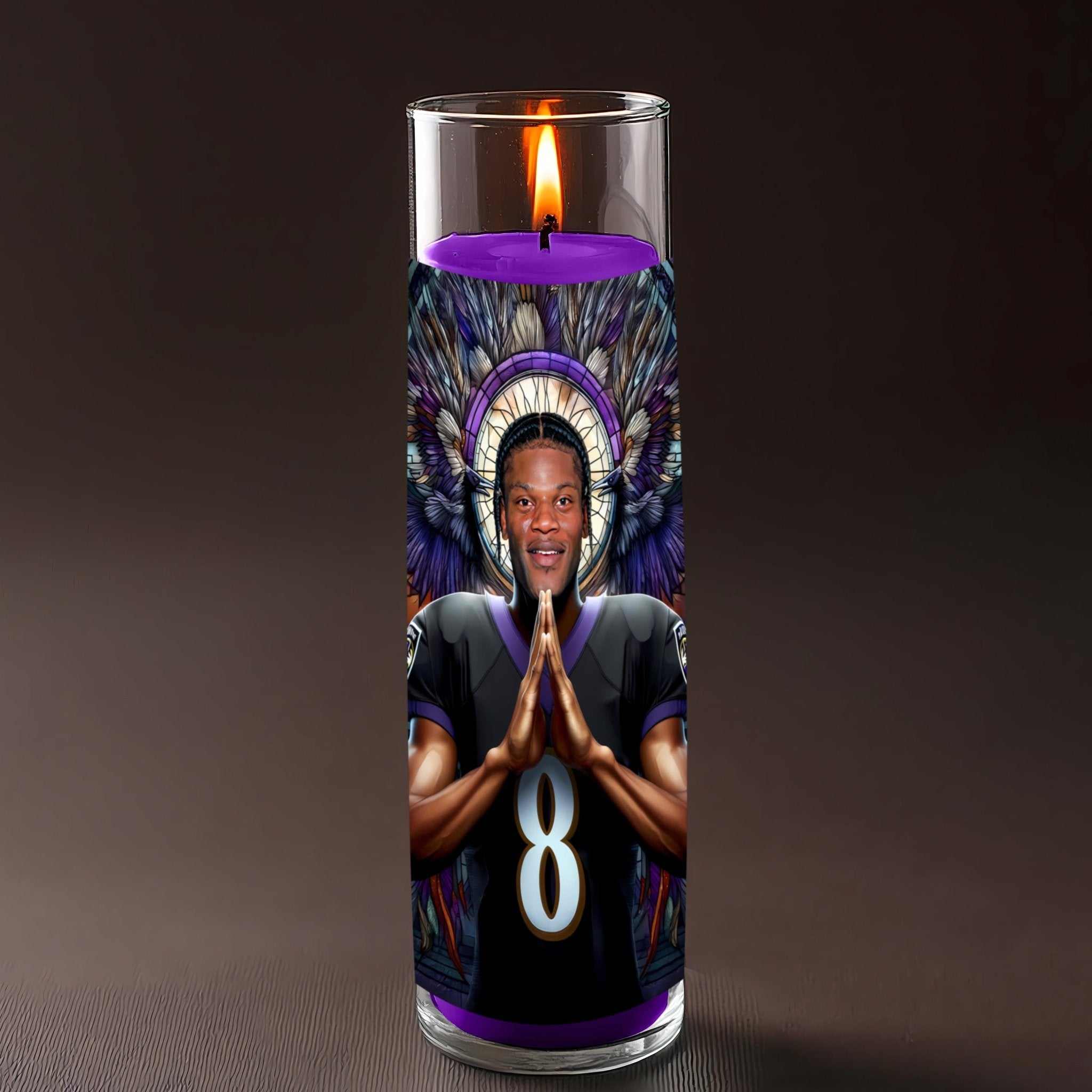 Lamar Jackson prayer candle, designed by Pray To The Stars