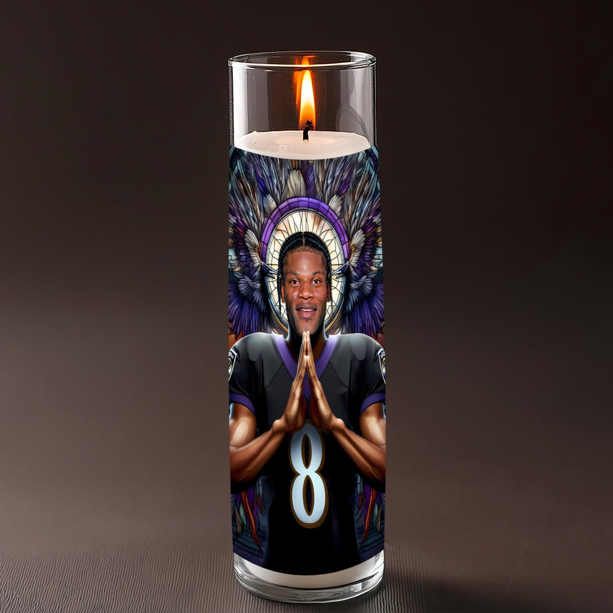 Lamar Jackson prayer candle, designed by Pray To The Stars