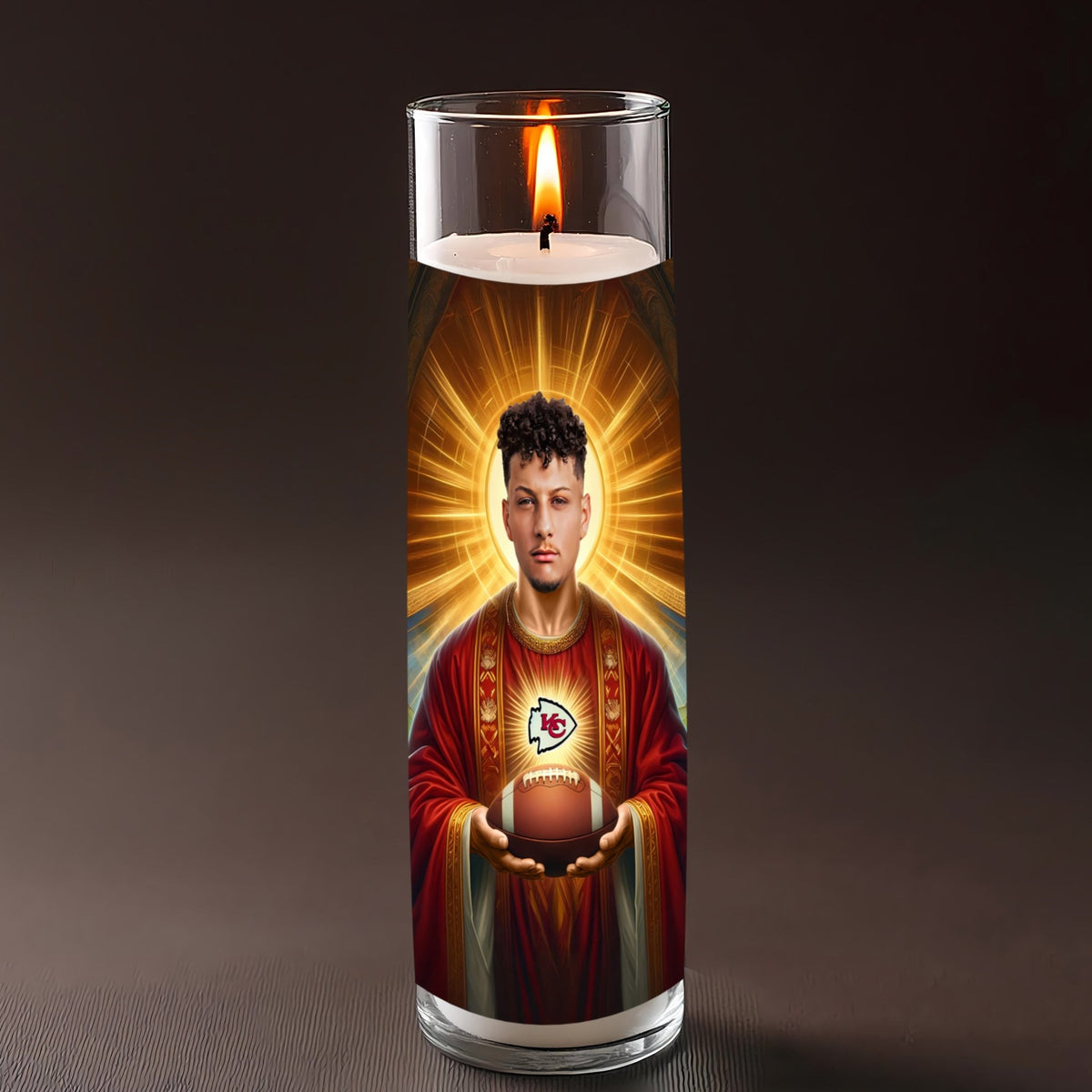 Patrick Mahomes prayer candle, designed by Pray To The Stars