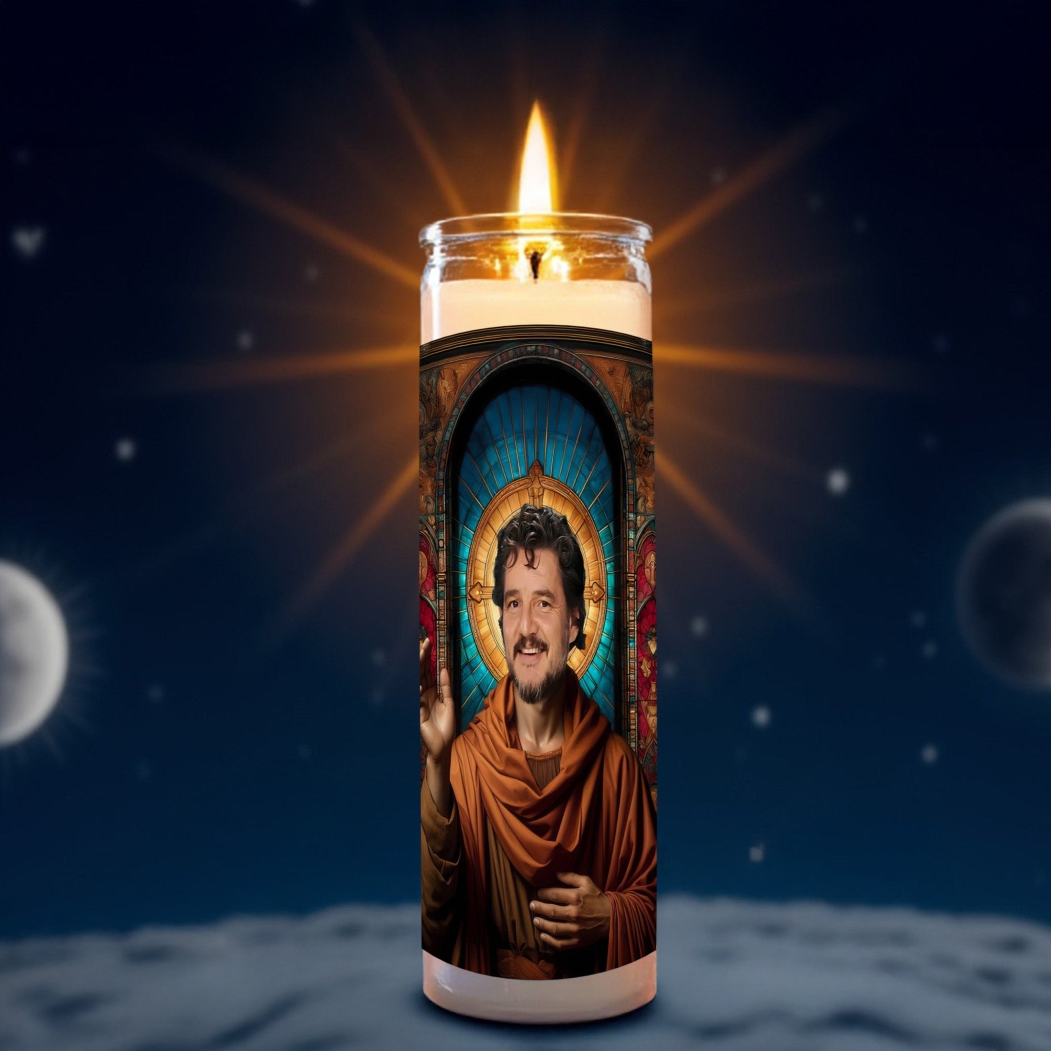 Pedro Pascal prayer candle, designed by Pray To The Stars