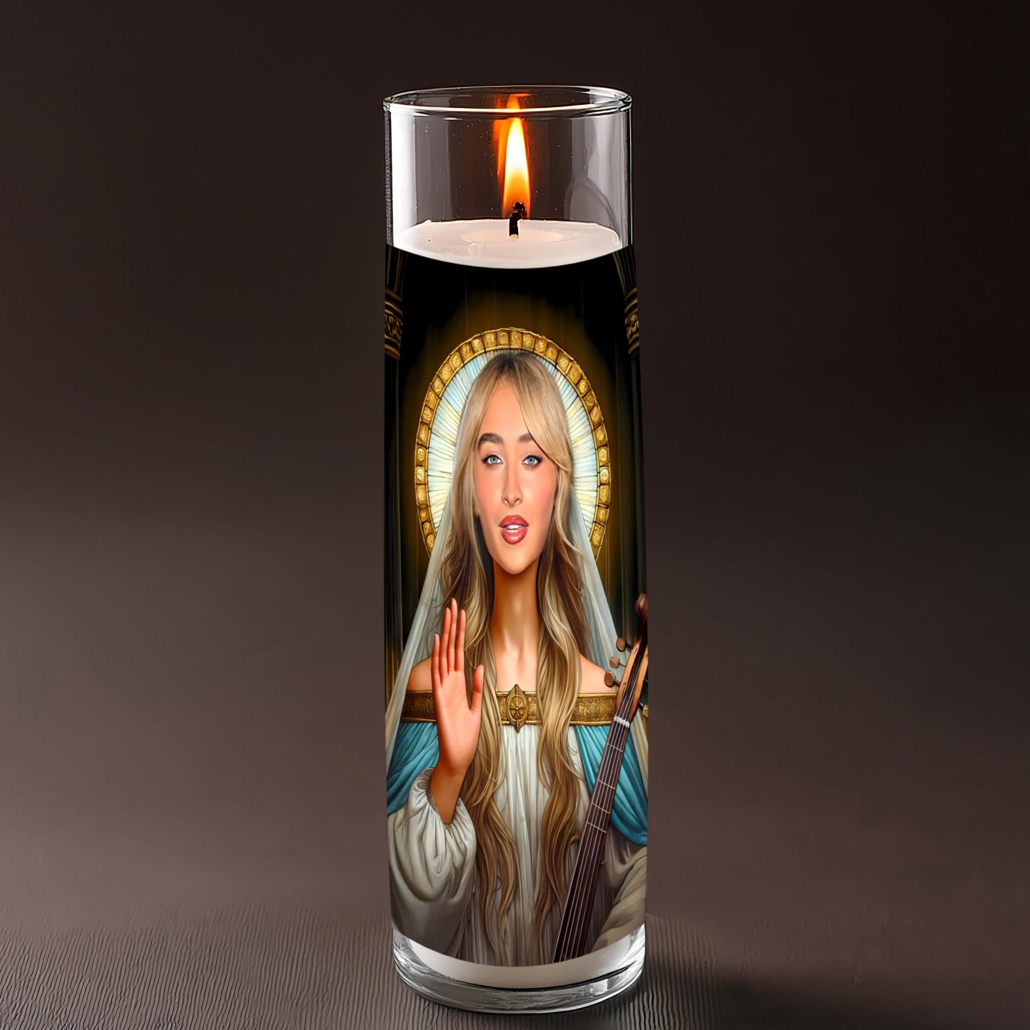 Sabrina Carpenter prayer candle, designed by Pray To The Stars