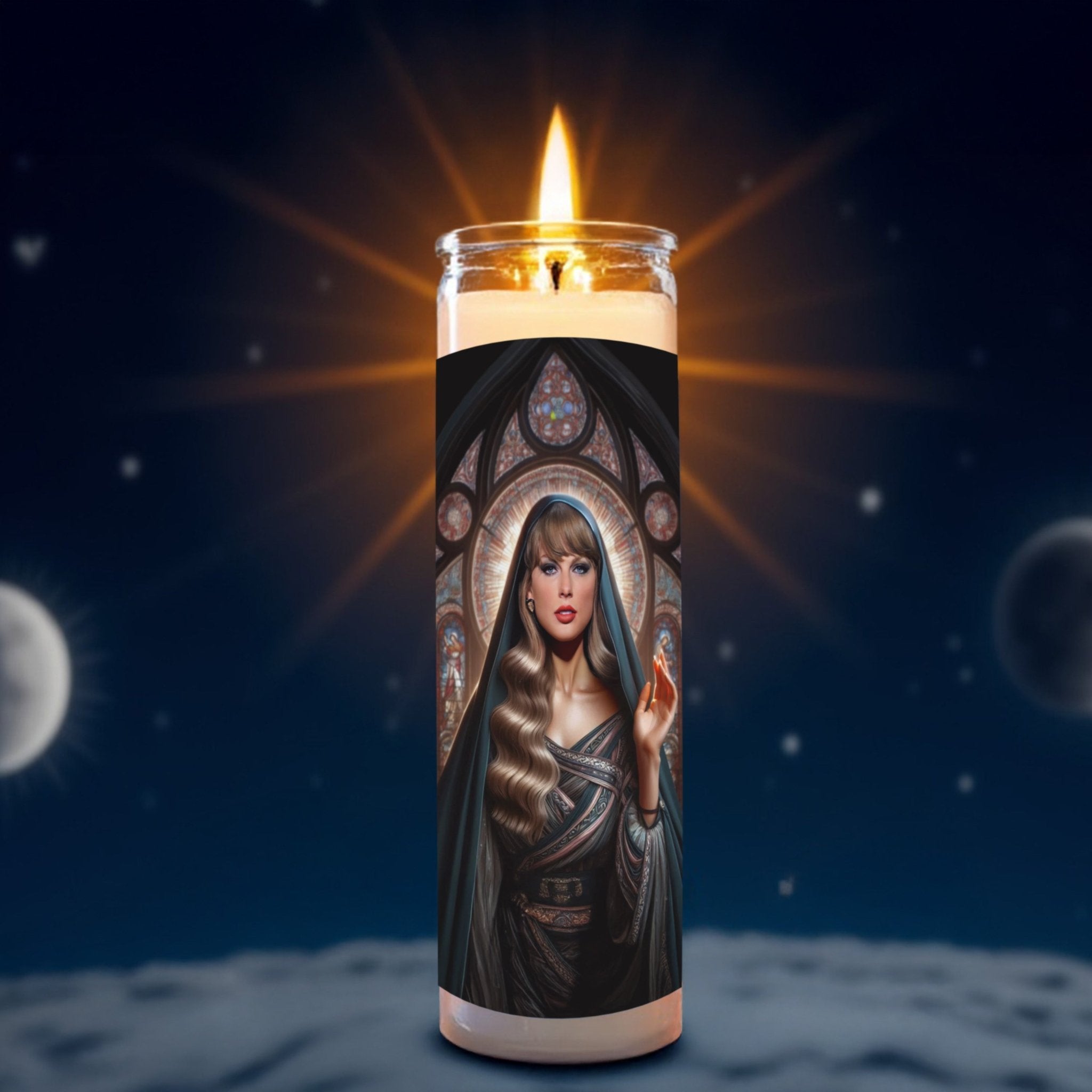 Taylor Swift prayer candle, designed by Pray To The Stars